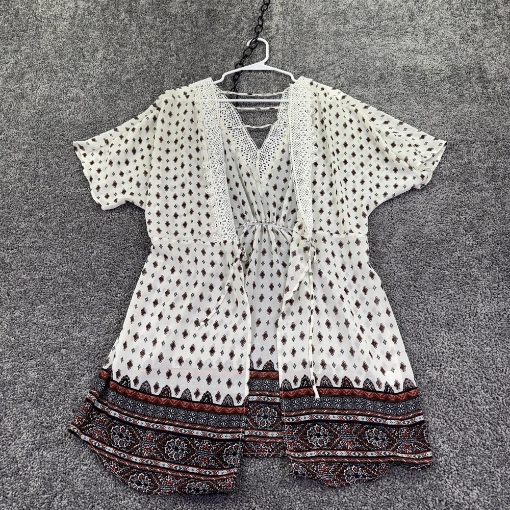 Vanity Blouse Womens L White Kimono Floral Crochet Sheer Tie Waist Boho